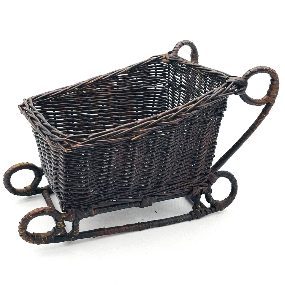 Vtg Wicker Sleigh Home Decor Christmas Winter Decoration Gift Basket Dark Brown - Image 2 of 4