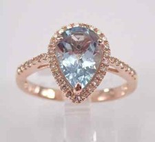Rose Gold Plated 2Ct Pear Cut Lab-Created Aquamarine Halo Engagement WeddingRing