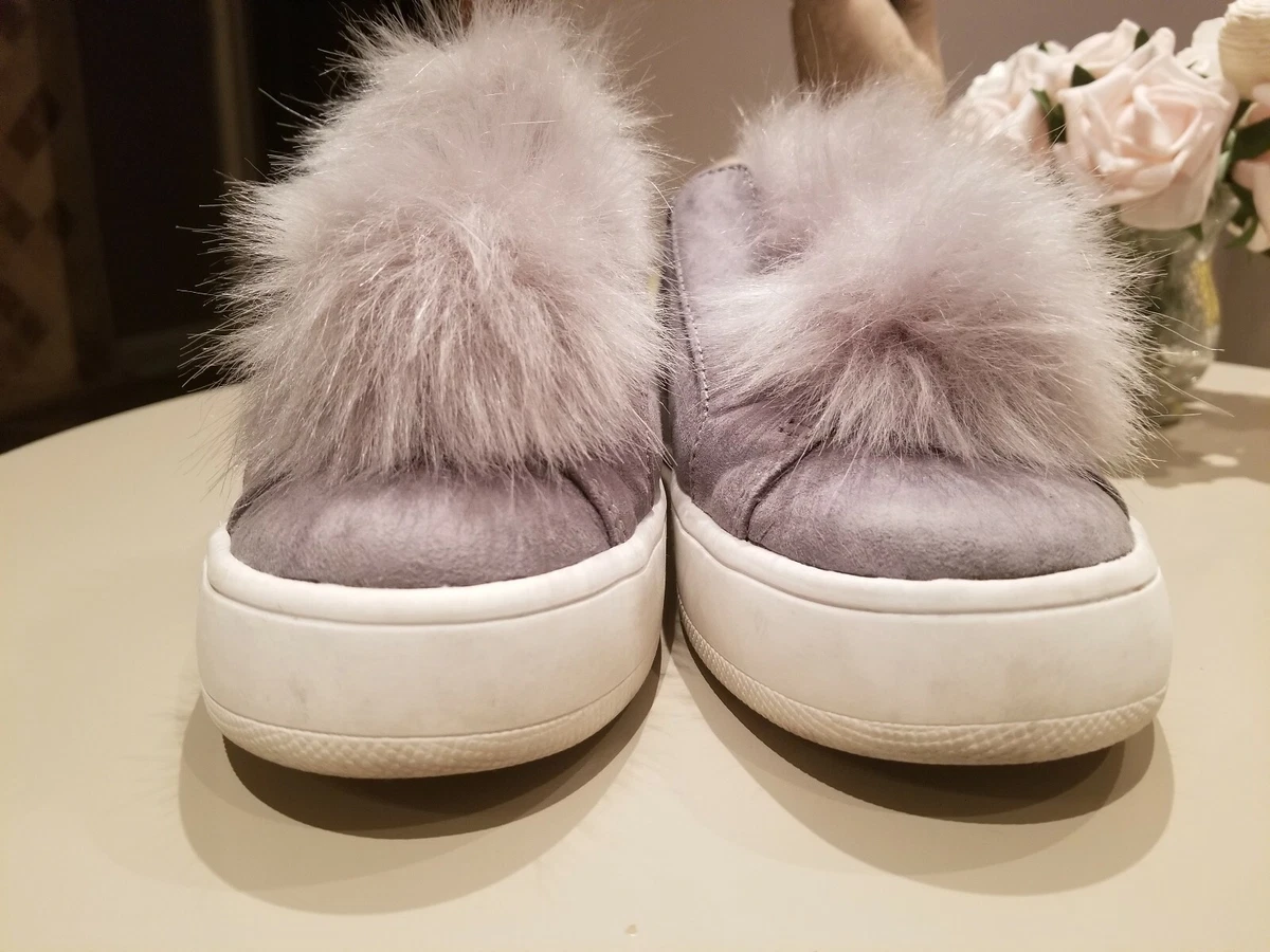 Steve Madden Lagoon Gray Sneakers slip on With faux Fur Pom Poms | eBay