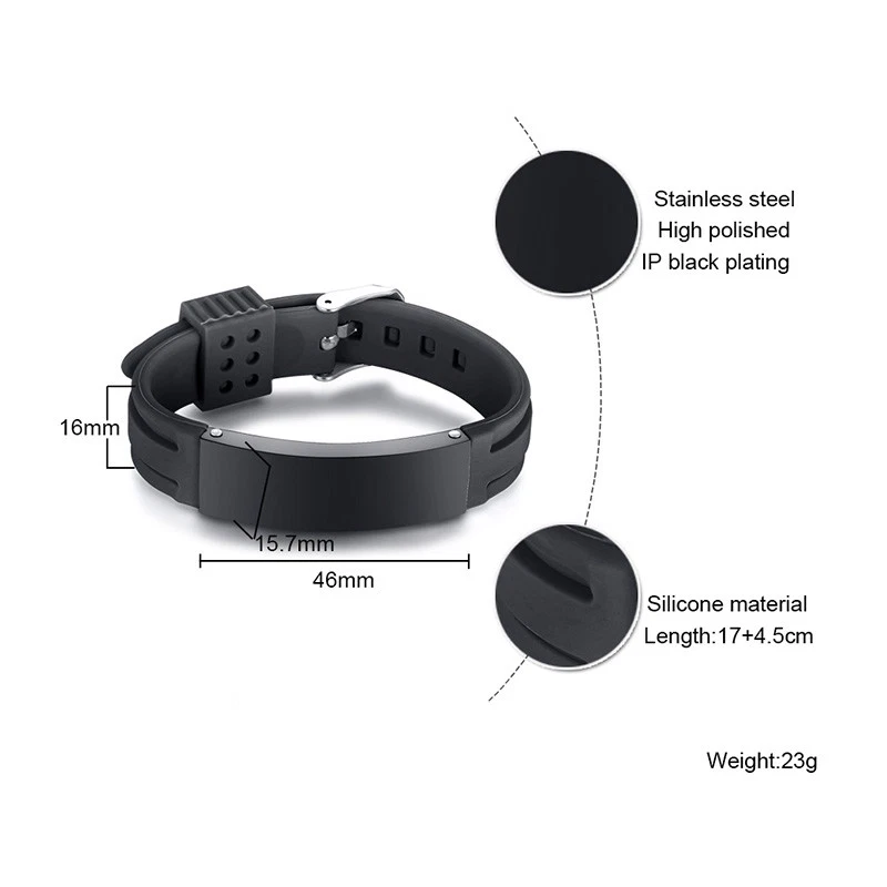 Black Personalized Men's Bracelet Wristband Silicone Band ID Name Free Engraving - Image 3 of 4