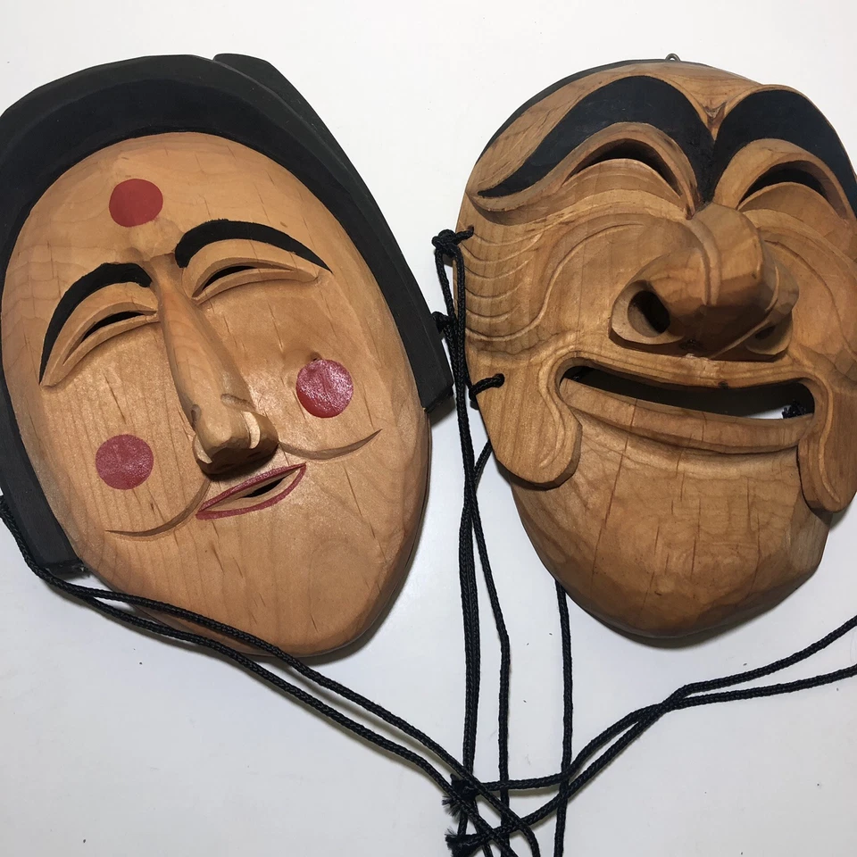 Винтажный ручной резьбы деревянные маски Hahoe традиционный Корея набор из 2 мужчин женщина настенное искусство - Изображение 2 из 4