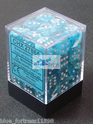 CHESSEX CIRRUS 12mm SET OF 36 D6 AQUA AND SILVER DICE MTG