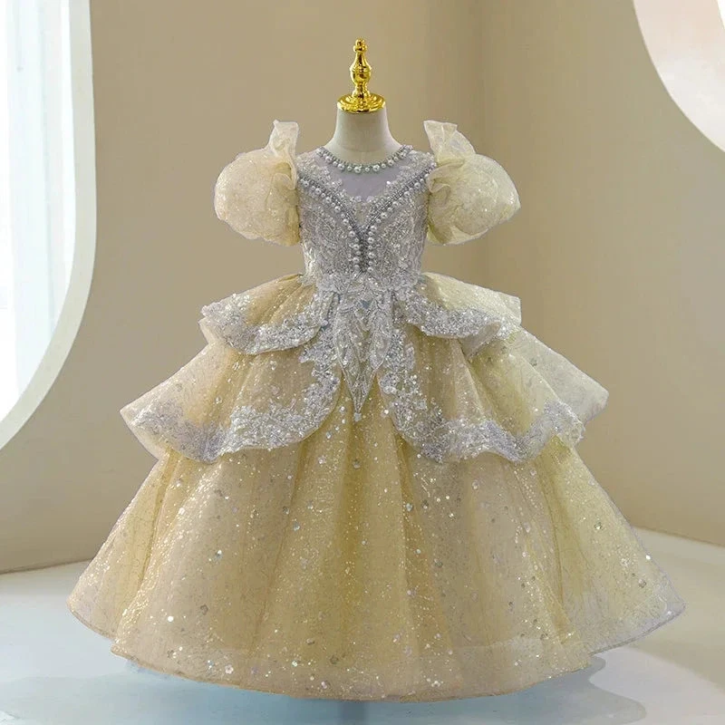 Puff Sleeve Girl Dress Toddlers Tulle Princess Pageant Sparkly Party Gown - Image 4 of 4
