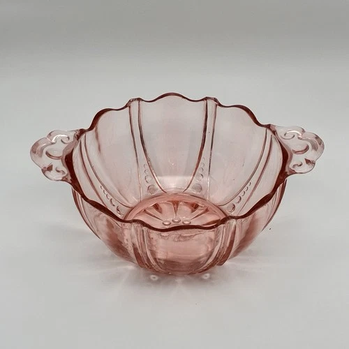 Vintage Pink Depression Glass Compote Bowl Dish w/ Handles 7" Paneled