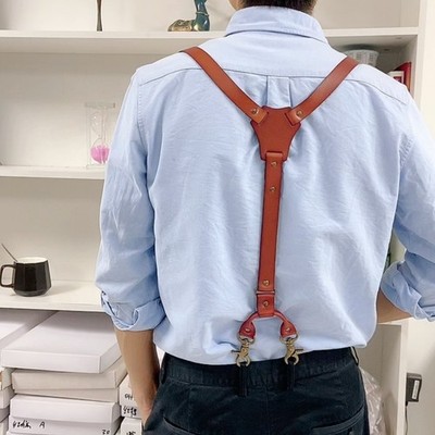Full-grain Cowhide Leather Belt Braces Clip for Men Adjustable Suspenders Dress