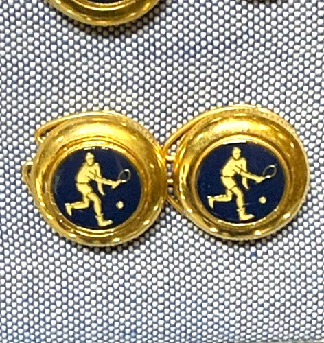 Vtg Italy Enamel Tennis Player Button Covers Set Navy Gold Country Club Pat Pend