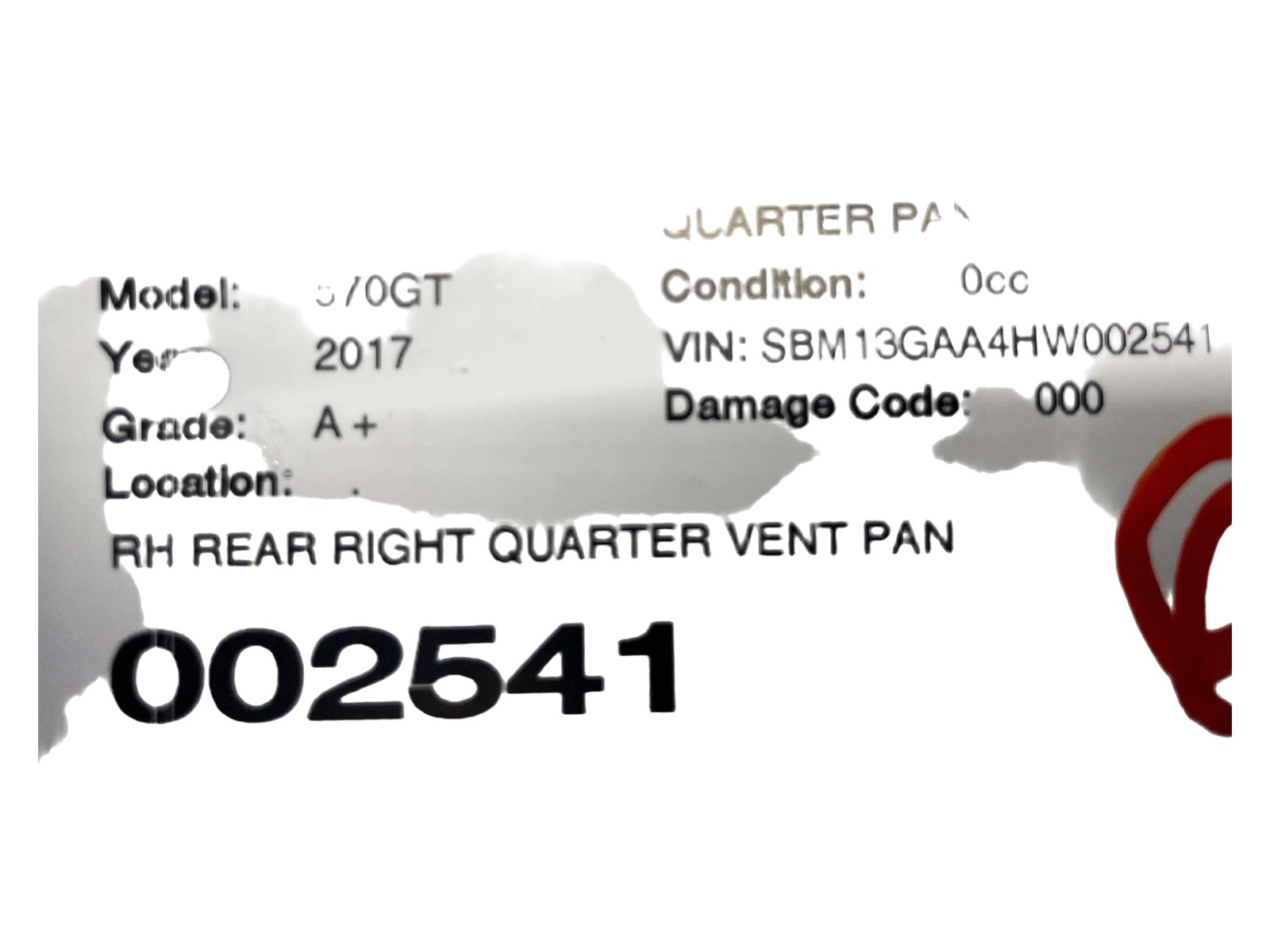 McLaren 570GT 2017-2021 Rear Right Quarter panel trim Gray
