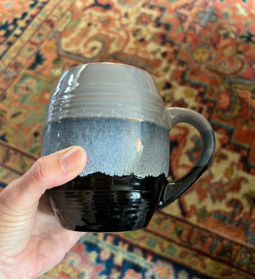 Large Vintage 1970s Stoneware pottery 12 Oz Mug Gray Blue Brown drip Glaze Rowa