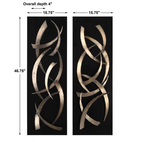 TWO ABSTRACT 47" CUT METAL MODERN ART WALL PANELS BRUSHED GOLD & BLACK 04139 - Picture 5 of 5