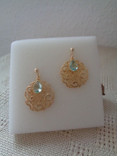 Gold Earrings, Gold Filled, Gold Plated, Filigree, with Crystal - Picture 4 of 11