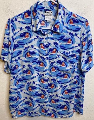 PONYO Studio Ghibli blau weiß geknöpftes Kurzarmhemd Größe Youth Large YL