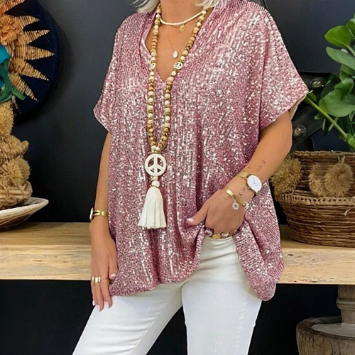 Women Sequin V-Neck Tunic Tops Glitter Shiny Short Sleeve Party T-Shirt Blouse - Picture 8 of 26