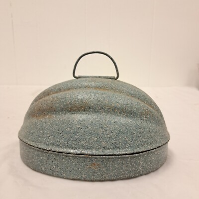 Vintage Tin Ribbed Mold Melon Shape Bread Pudding Dome 2 Piece w Handles Painted