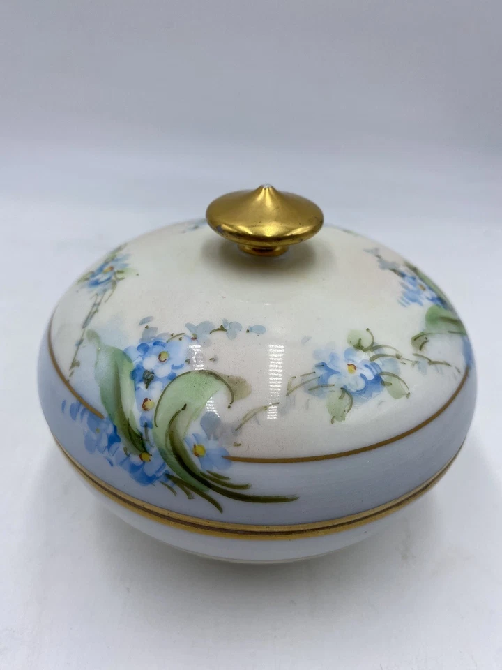 Antique Vanity Set W Pickard A Forget Me Not Blue Flowers Gold Lidded Dishes - Image 4 of 4
