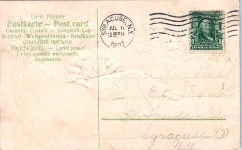 Postal de felicitación vintage niña victoriana hamaca cerezo en flor PM 1907 - Imagen 2 de 2