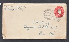 US POSTAL ENVELOPE #U411 FROM WILLIAMSPORT TO ERIE PENNSYLVANIA 1917