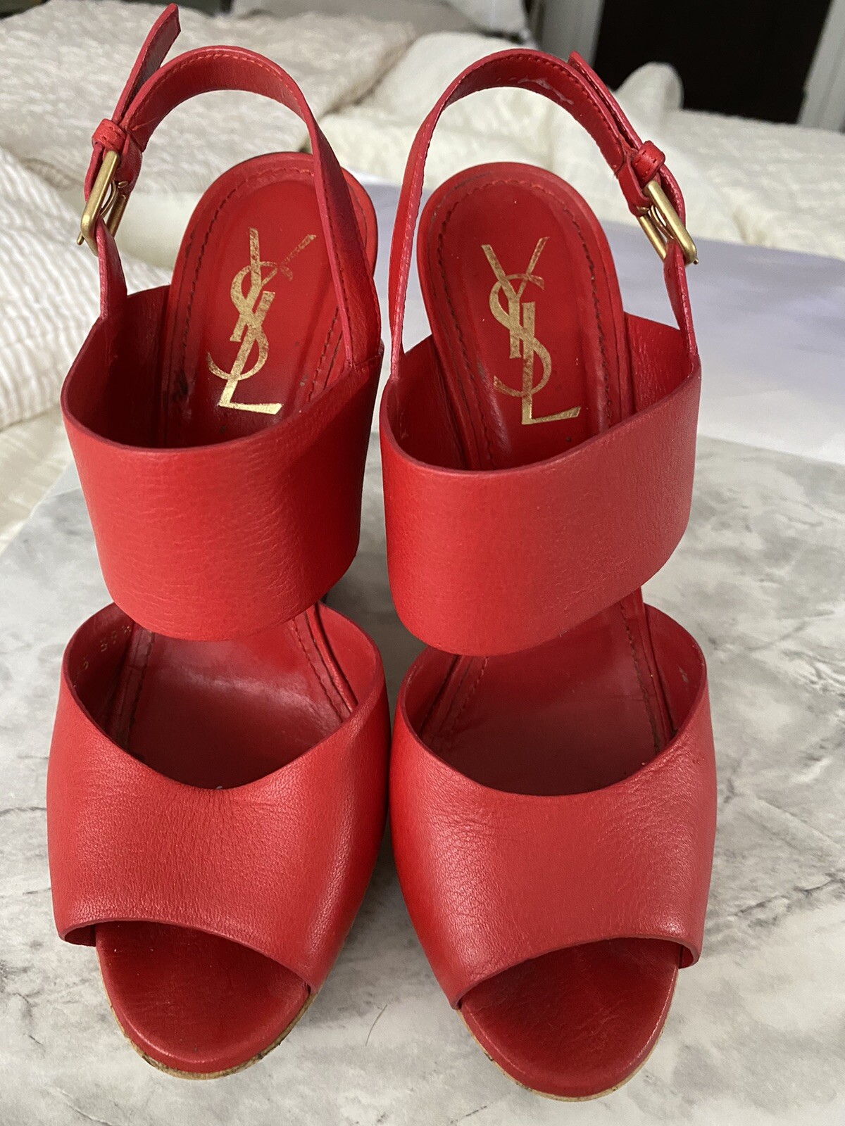 $695 YSL Yves Saint Laurent Deauville sandali zeppa tacco sughero rosso tacco