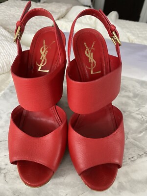 $695 YSL Yves Saint Laurent Deauville Red Cork Heel Wedge Sandals Heels 
