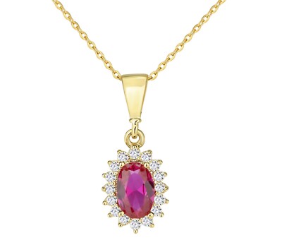 Halskette 9 kt Gelbgold Rubin cz oval Cluster Anhänger + 18 Zoll Kette