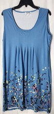 AELSON Lg Women's Sleeveless Blue Dress w Colorful Butterflies Flowers Stretch