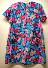 Vtg House coat Robe 3/4 Zip Front Size 49 Mulitcolor Floral S/S Pockets