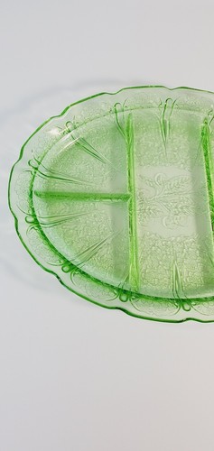 Vintage Green Cherry Blossom Divided Depression Glass Platter Jeannette Glass - Picture 7 of 24