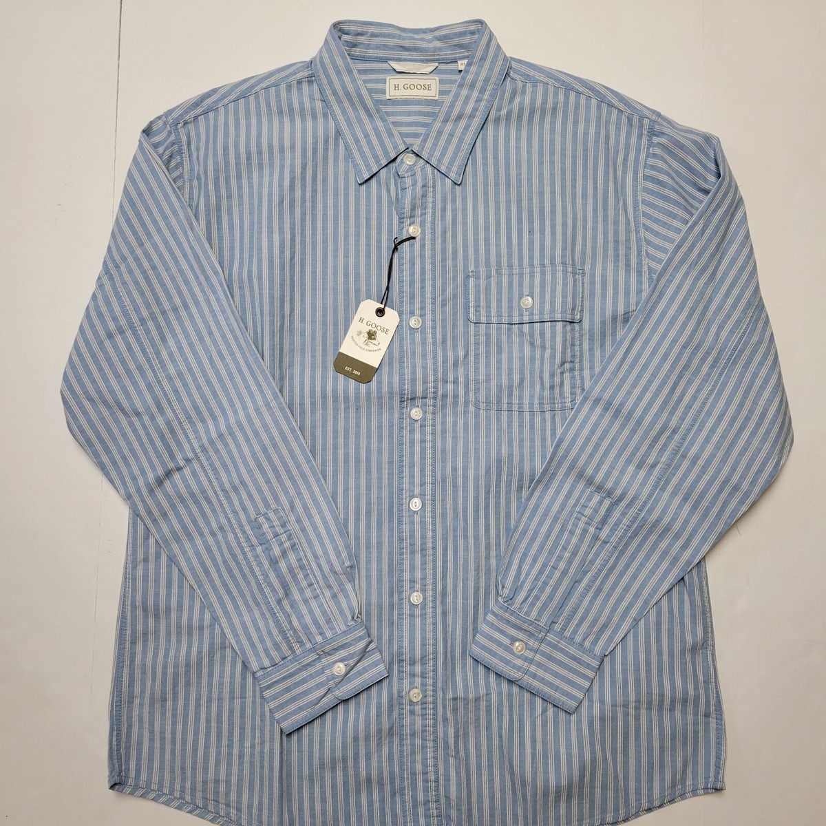 H GOOSE 2XL Sky Blue White Striped Chambray Long Sleeve Men's