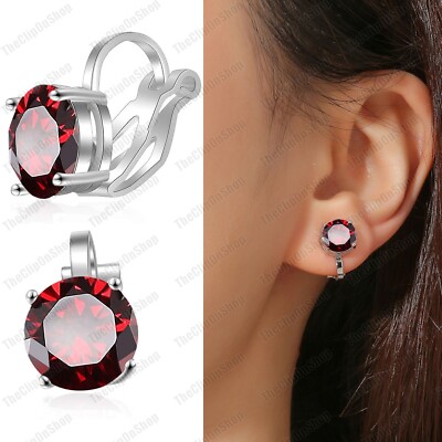 CLIP ON dunkelrote CZ OHRRINGE Zirkonia SILBER 18KGP 7mm groß rund Kristall