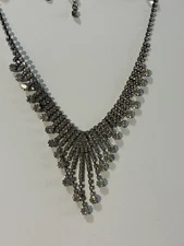 Charming Charlie Hematite Crystal Fringe Statement Necklace New 