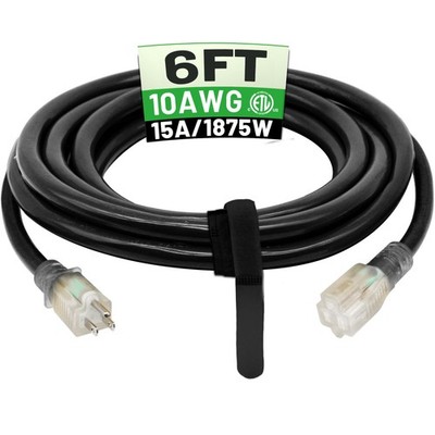 POWGRN 6 Ft 10AWG Black Outdoor Extension Cord Waterproof Heavy Duty 10 Gauge 3