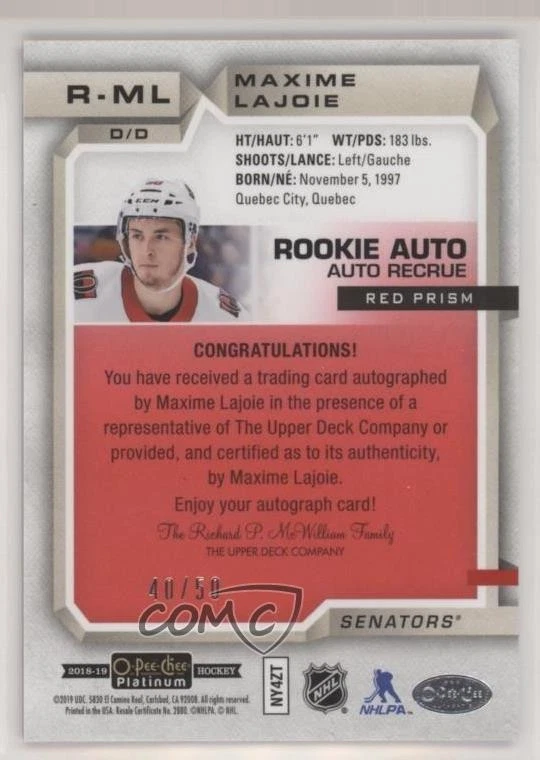 2018-19 O-Pee-Chee Platinum Rookie Autos Red Prism /50 Max Lajoie Maxime Auto RC - Image 2 of 2