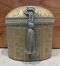 VTG Tapestry Covered Trinket Storage Sewing Oval Box Padded Lid Tassel Teal Gold