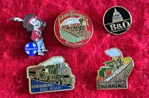 5 Railroad Train Related Ad Pins Santa Fe Chico B&O Lahaina Kaanapali Pacific