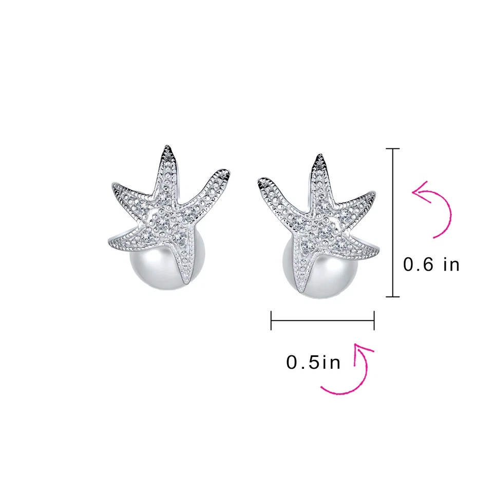 Nautical Round White Simulated Pearl Starfish Drop Earrings Sterling Silver - Image 4 of 4