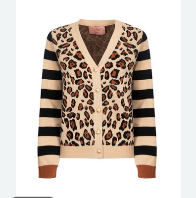 EM by Elisabetta Minelli Women's Leopard Knit V-Neck Button Cardigan Sweater XL