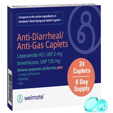 WELMATE Anti-Diarrheal & Anti-Gas 24 Ct (Generic Immodium Multi Symptom Relief)