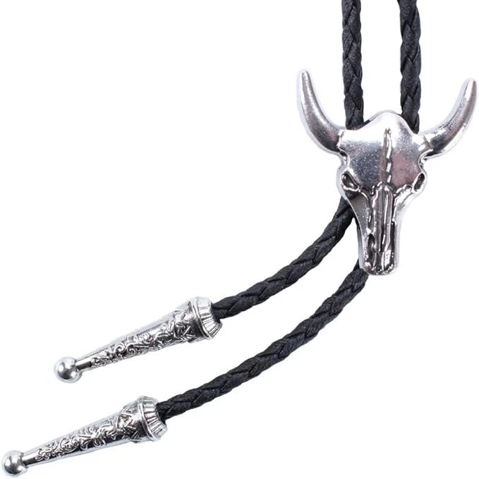Western Vintage Bolo Tie for Men - Cow Skull Design Cowboy Tie - Black Leather B
