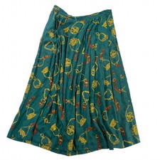 Chaus Women Vintage Teal Rayon Gold Equestrian Chain Print Pleated Maxi Skirt 14