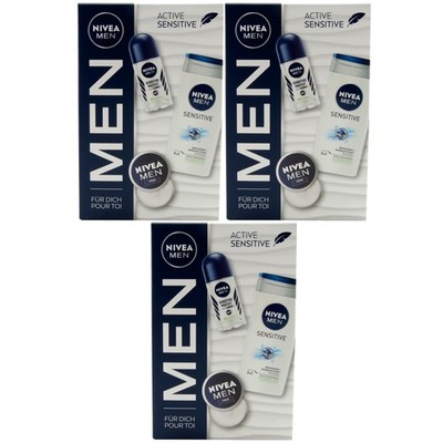 Nivea Men Geschenkset ACTIVE SENSITIVE 3 x Deo Roll On + Duschgel + Nivea Creme