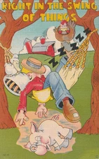 Vintage Postcard Humor Comic Men sleeping on farm, In the swing of things 1946