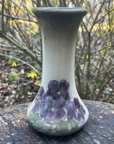 Signed Weller Etna Art Pottery Vase Purple Lilac Violets Hand Painted c 1906