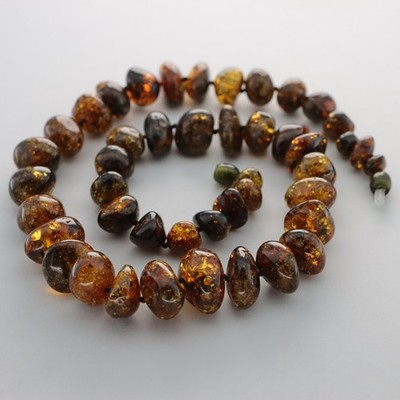 Nugget Natural Brown Cognac BALTIC AMBER Knotted Bead Necklace - Lithuania #129