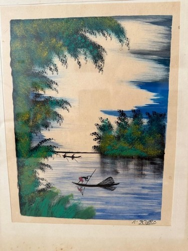 ARTIST SIGNED PAINTING DEPICTING A SERENE RIVER SCENE w/ FISHERMEN BY A. KABLO? - Picture 6 of 9