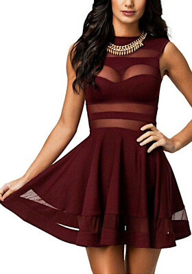 Bordeaux Mini Skater Kleid Damen Transparent Einsätze Ärmellos 21058 Neu