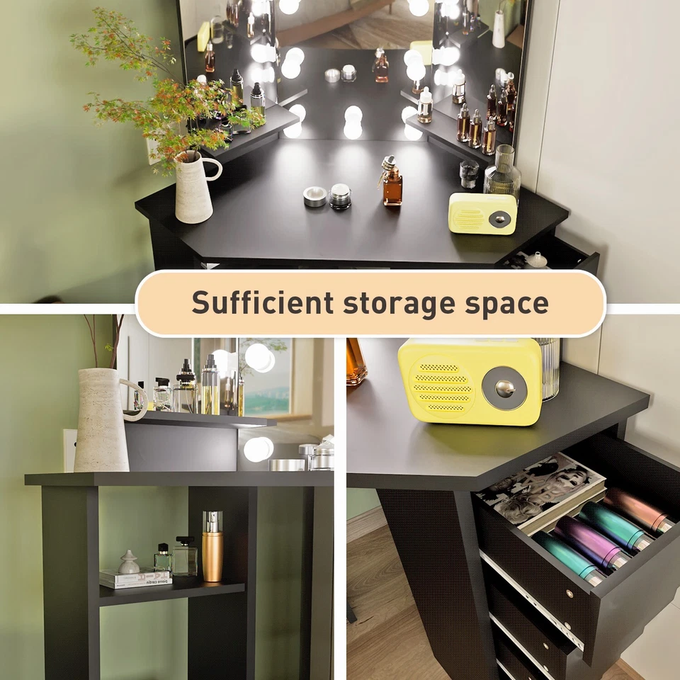 Escritorio tocador de maquillaje de esquina con espejo y luces 44"" estante de mesa de tocador de dormitorio # Foto 2 de 4