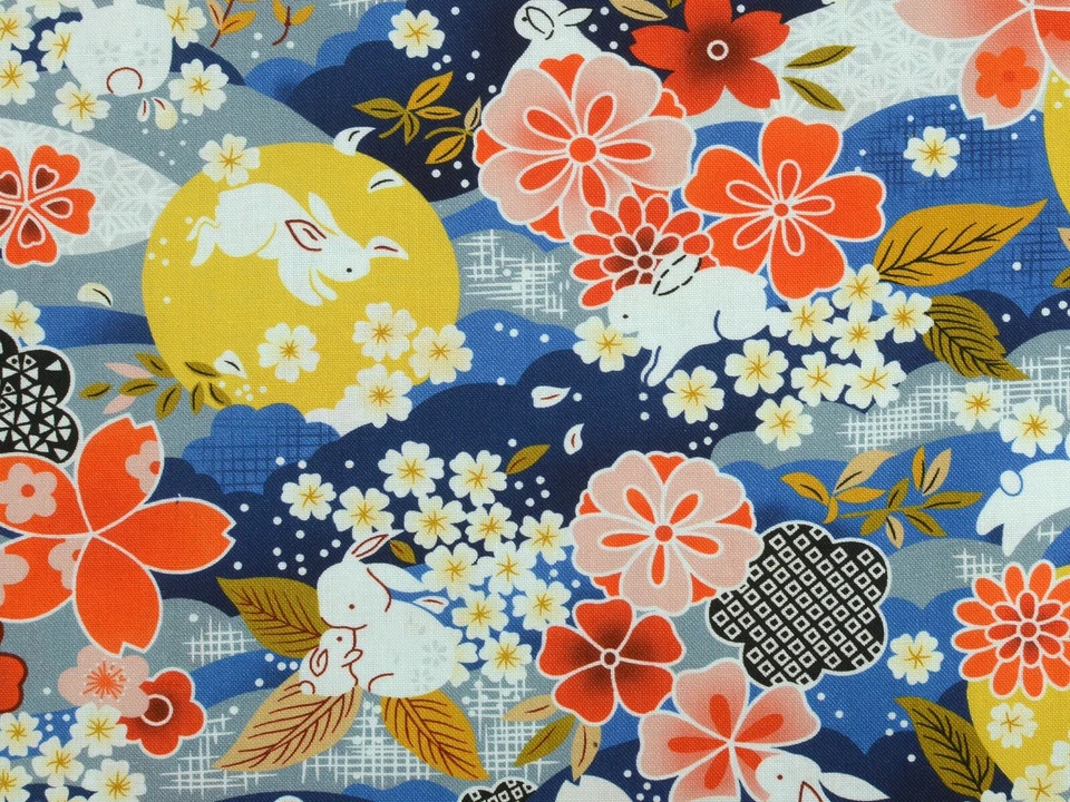Sakura And Bunnies 100% Cotton Blue Fat Quarter Fabric Quilting FQ #0175 - image 2 of 4