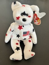 RARE  Glory the Bear Beanie Baby Plush Toy TY White With Red And Blue Stars , Am