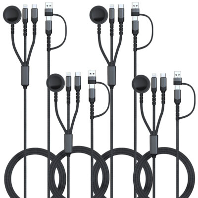 Callstel 4er-Set 6in1-Octopus-Ladekabel für Apple Watch & iPhone, 60 W, 100 cm