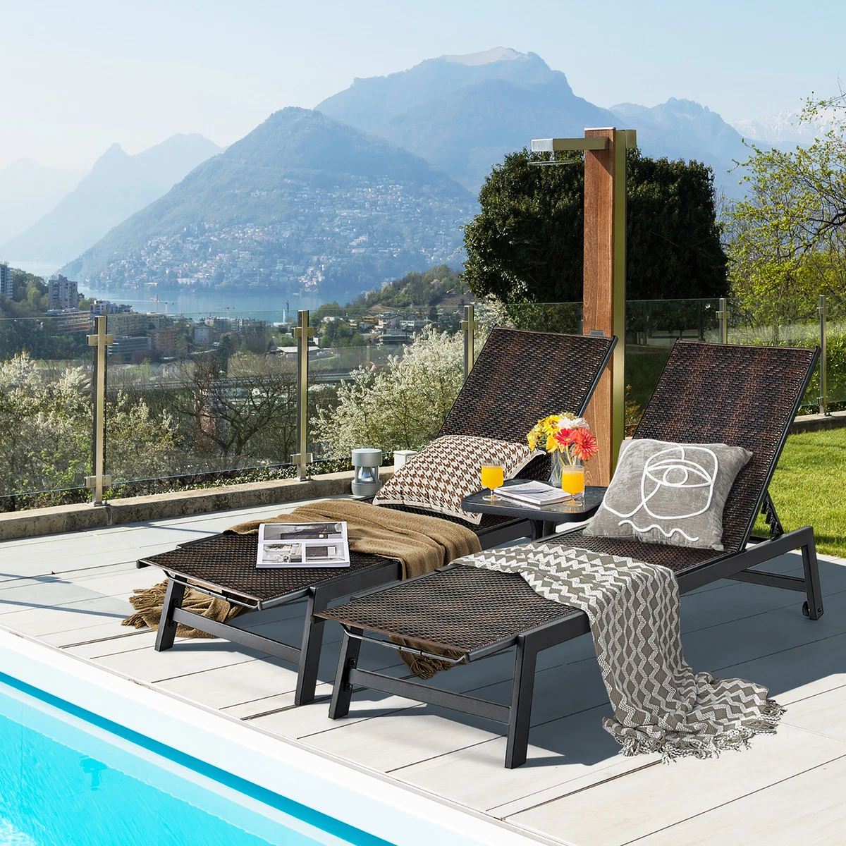 2PCS Patio PE Rattan Chaise Lounge Outdoor Recliner w 5 Level