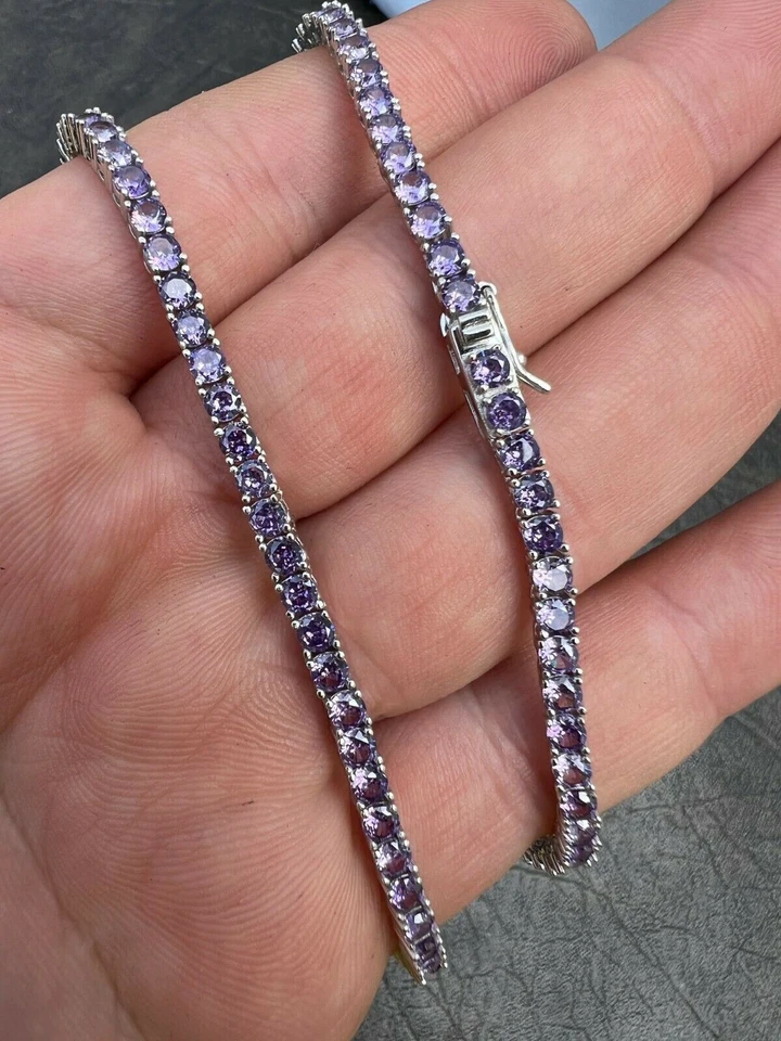 Tennis Chain 3mm Real 925 Sterling Silver Purple Simulated Amethyst CZ Necklace - Image 2 of 4